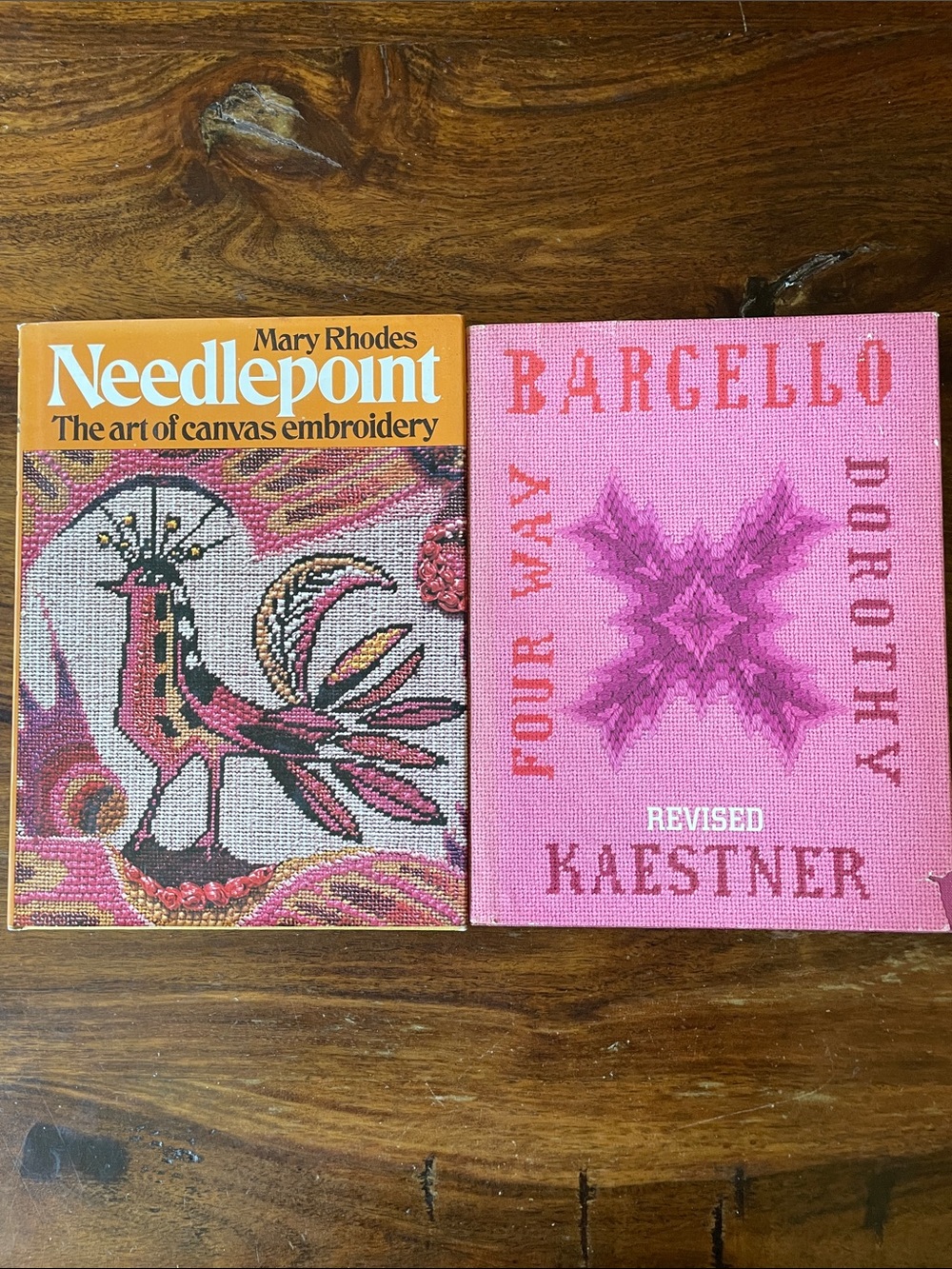 2 vintage needlepoint embroidery hardcover books Dorothy Kaestner Mary Rhodes